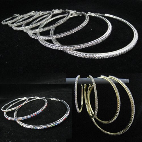 Women Plated Diamante Crystal Rhinestone Big Hoop CZ Earring Jewelry Earrings